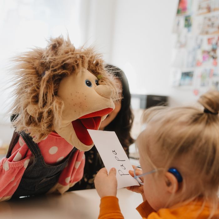 Sprachtherapie mit Handpuppe und Kind im Therapiezentrum Rodenacker